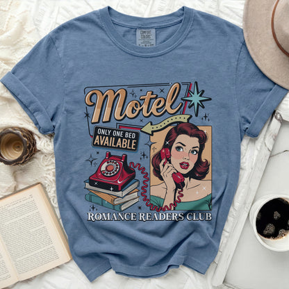 Blue t-shirt with "Motel" and "Romance Readers Club" graphic.