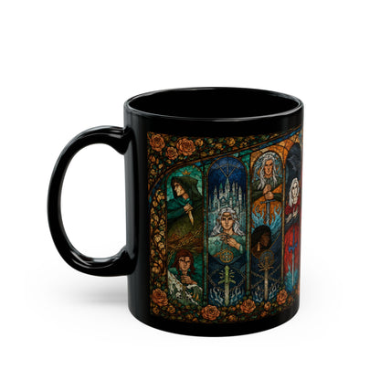 Black mug with a stained-glass style design of characters and a castle.