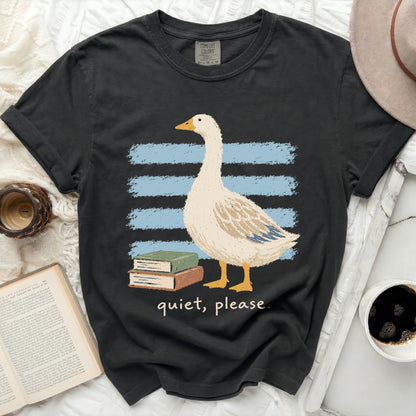 Dark gray t-shirt with a goose standing on books, "quiet, please." text.