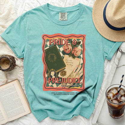 Turquoise t-shirt with Pride and Prejudice book cover graphic.