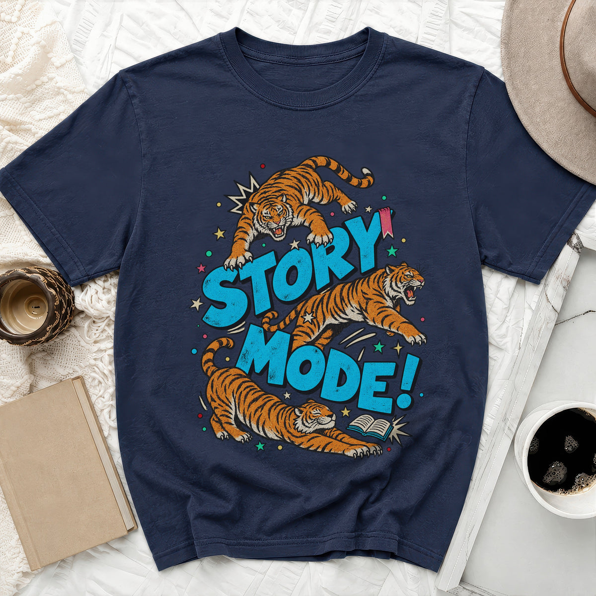 Navy t-shirt with three tigers and "STORY MODE!" text graphic.