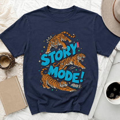 Navy t-shirt with three tigers and "STORY MODE!" text graphic.