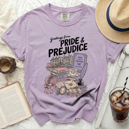 Greetings from Pride & Prejudice t-shirt with illustrations of books and a manor.