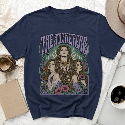 Navy t-shirt with "THE ARCHERONS" text and art nouveau style women.