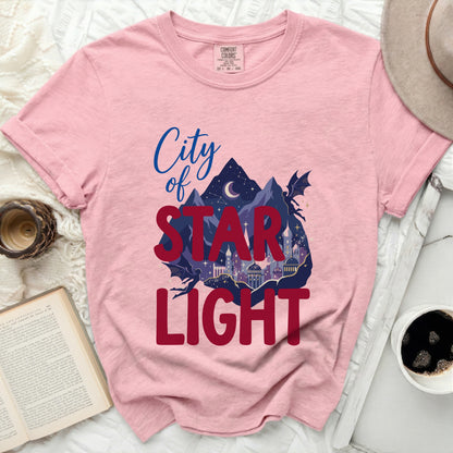 Pink Comfort Colors t-shirt with "City of Star Light" graphic and a dragon.