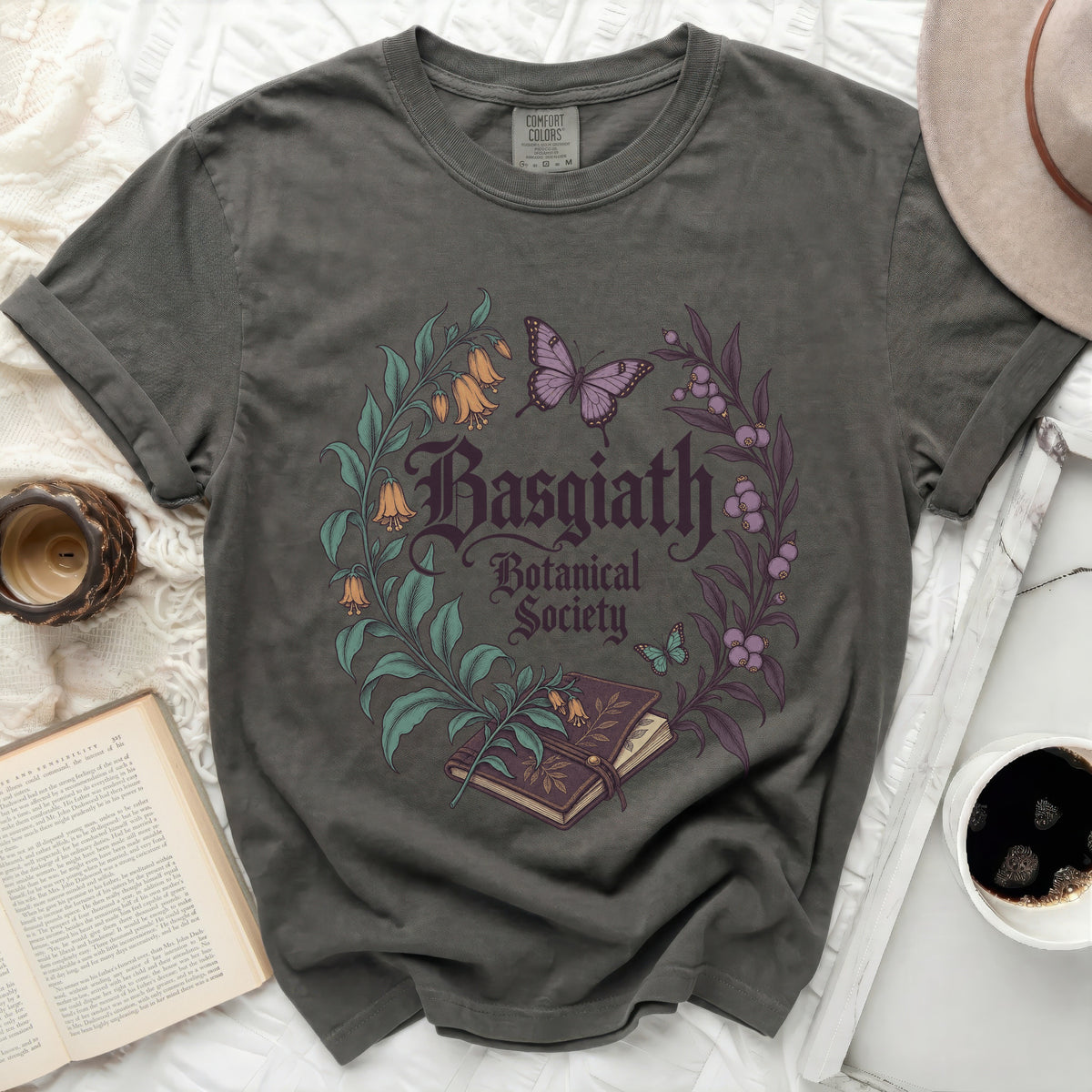 Gray t-shirt with "Basgiath Botanical Society" text and floral design.