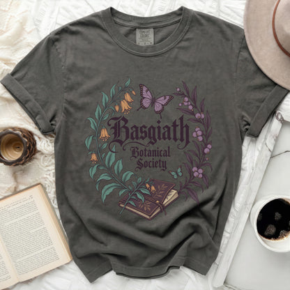 Gray t-shirt with "Basgiath Botanical Society" text and floral design.