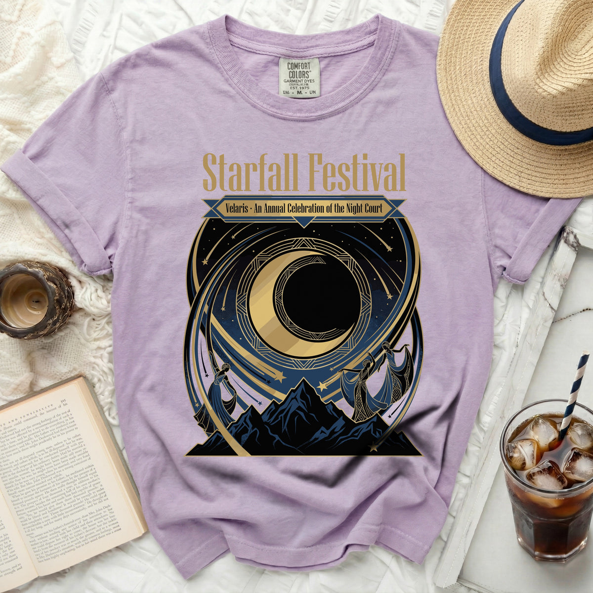 Comfort Colors lavender t-shirt with Starfall Festival graphic and text.