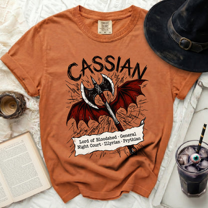 Orange t-shirt with "Cassian Lord of Bloodshed General Night Court" graphic.