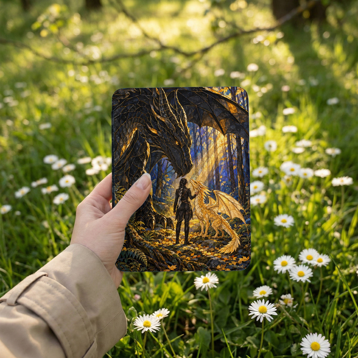 A woman holds a device displaying a dragon and knight scene in a sunlit forest.