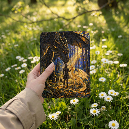 A woman holds a device displaying a dragon and knight scene in a sunlit forest.