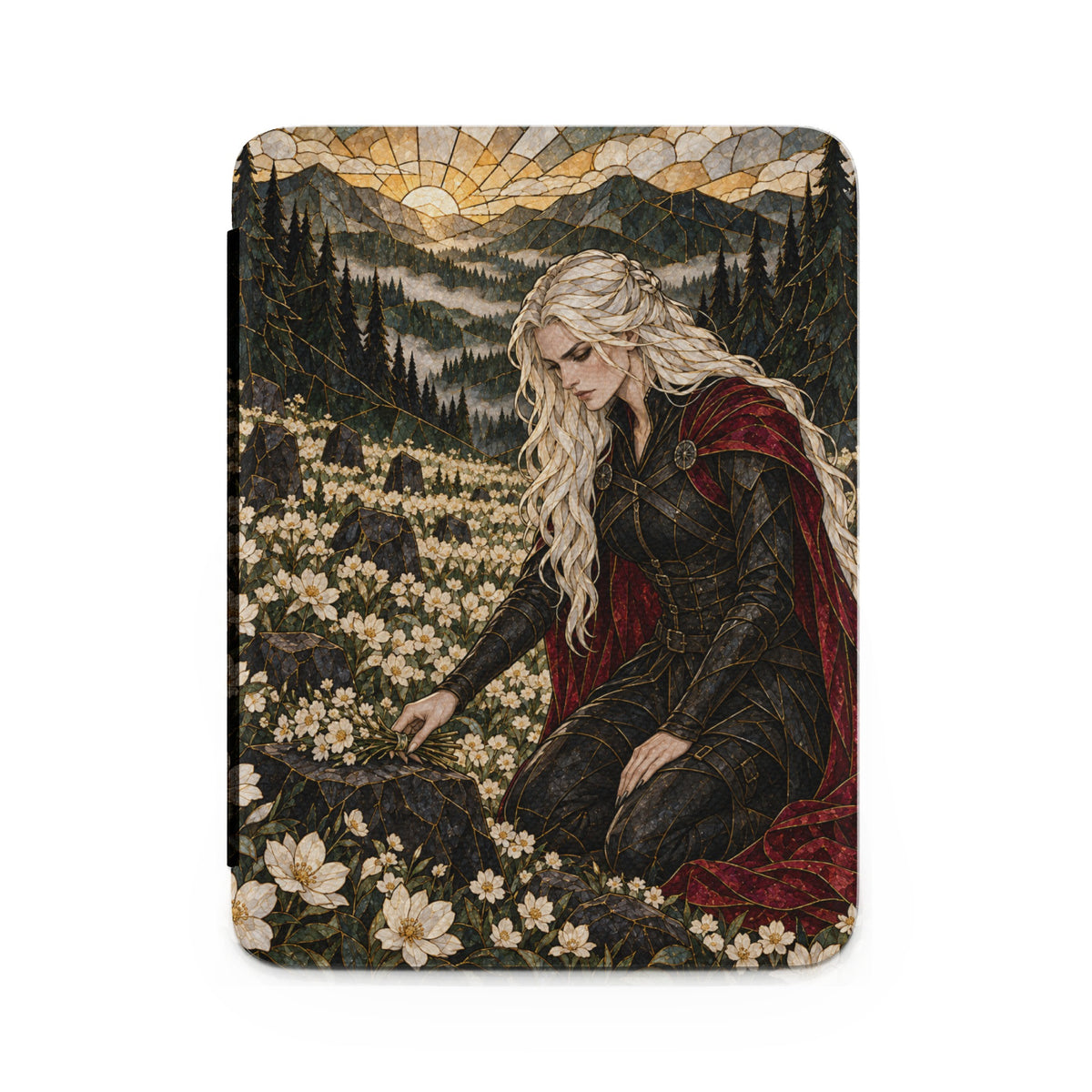 Woman with blonde hair in armor and red cape kneels among flowers with mountain sunset background.