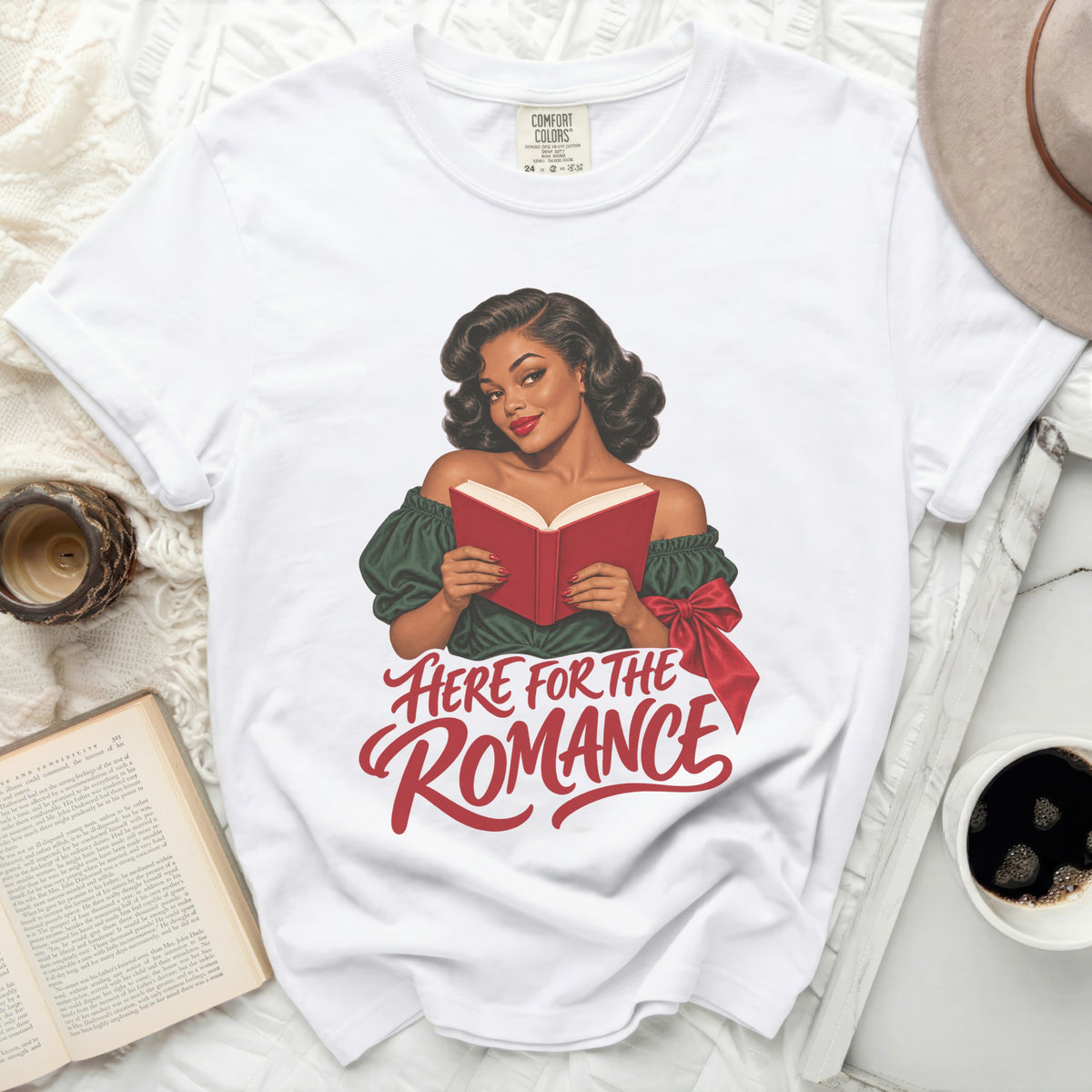 White t-shirt with vintage woman reading and text "Here for the Romance."