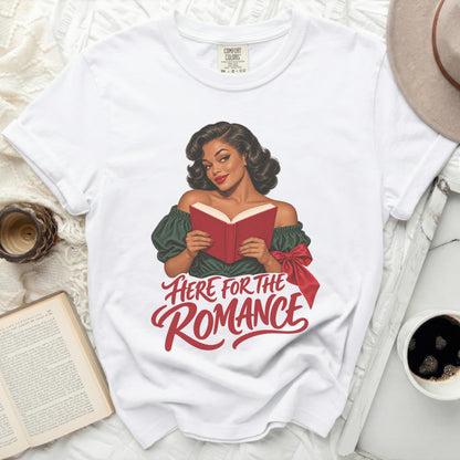 White t-shirt with vintage woman reading and text "Here for the Romance."