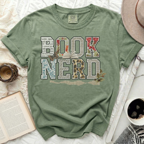 Eclectic Book Nerd Collage Tee in Moss