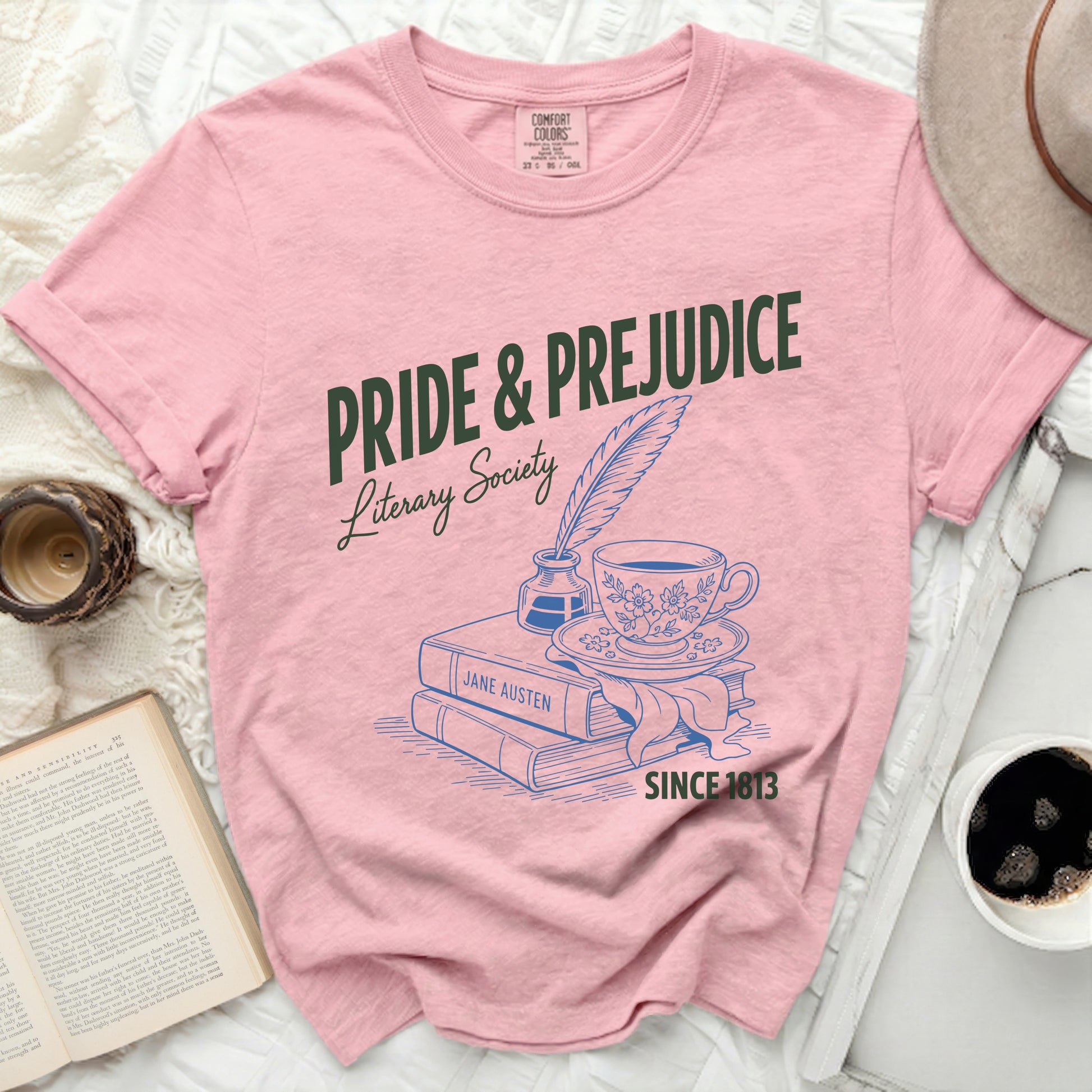 Pride and Prejudice Literary Society t-shirt with Jane Austen books and quill.