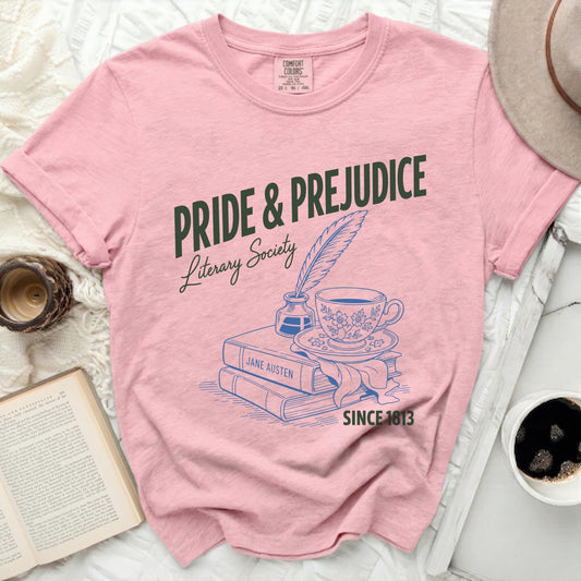 Pride and Prejudice Literary Society t-shirt with Jane Austen books and quill.