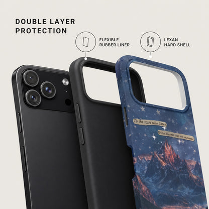 Diagram showing a smartphone with a double layer protective case, including a flexible rubber liner and Lexan hard shell.