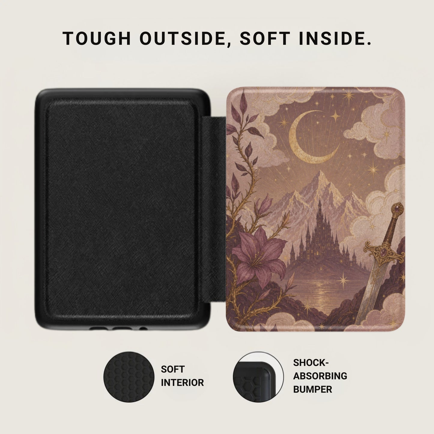Black case open to reveal a fantastical scene with castle, sword, moon, stars, and mountains.