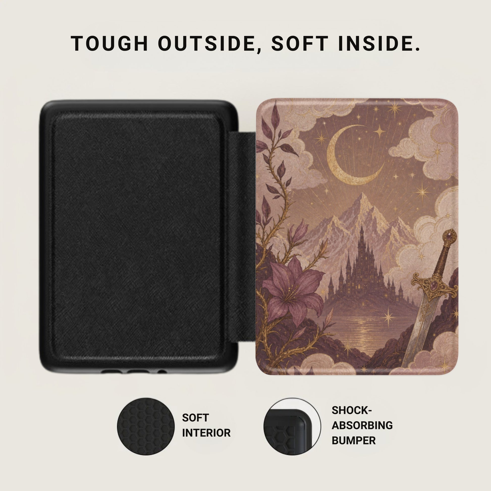 Black case open to reveal a fantastical scene with castle, sword, moon, stars, and mountains.
