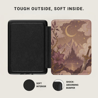Black case open to reveal a fantastical scene with castle, sword, moon, stars, and mountains.