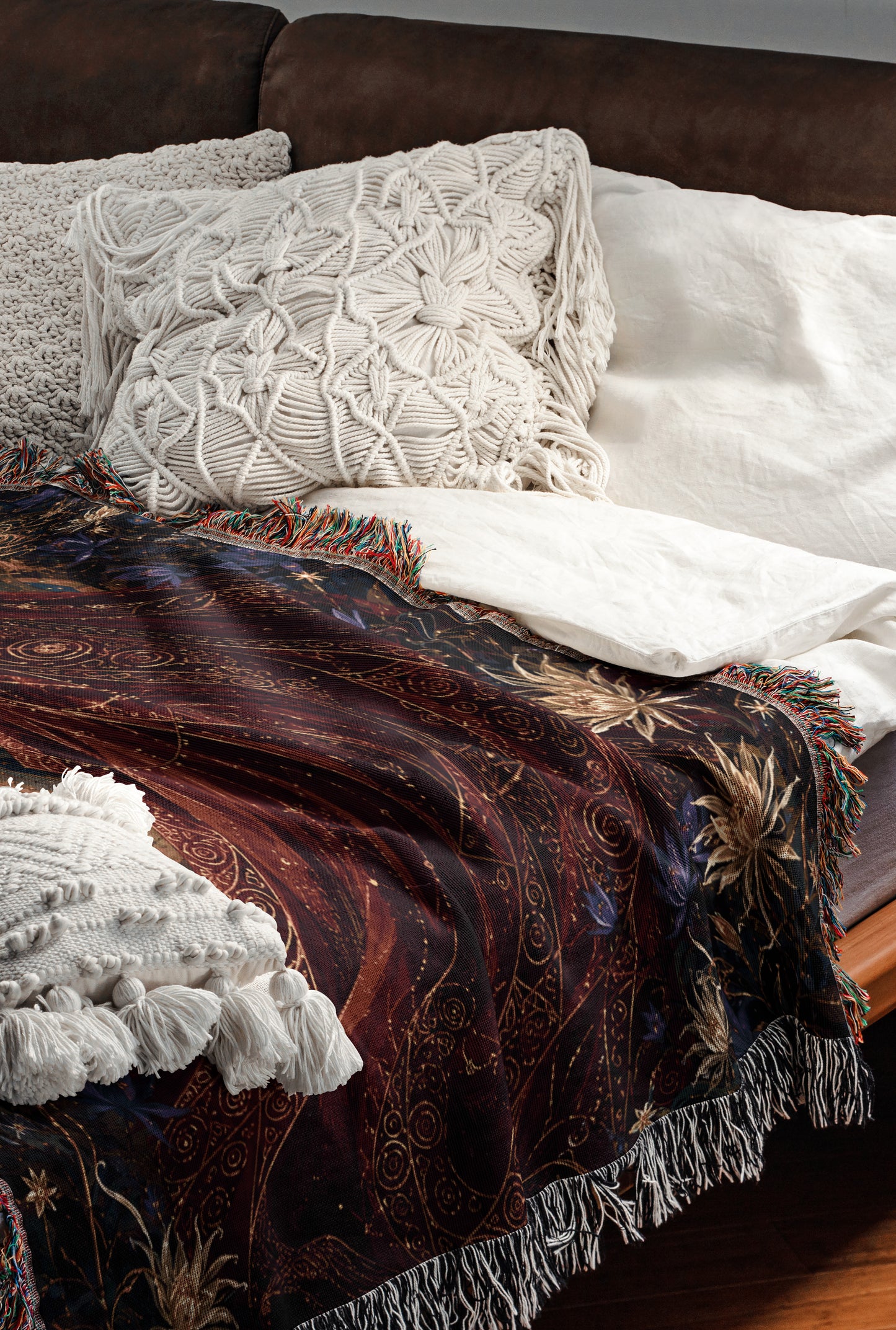 a cozy and inviting bedroom scene, featuring a bed with a plush white comforter and a decorative throw blanket with a rich, burgundy pattern. The bed is adorned with two white pillows and a single white throw blanket, creating a harmonious and visually appealing color scheme.