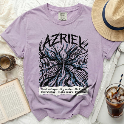 Lavender Comfort Colors shirt with "Azriel" and dark wing graphic.