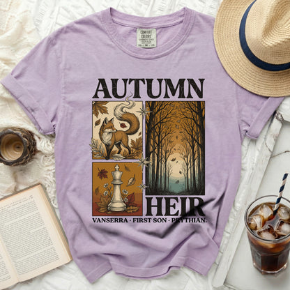 Lavender t-shirt with "AUTUMN HEIR" text and fall-themed graphics.