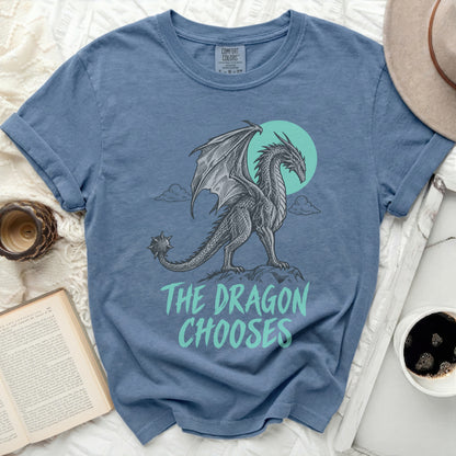 Blue Comfort Colors t-shirt with a dragon graphic and "The Dragon Chooses" text.