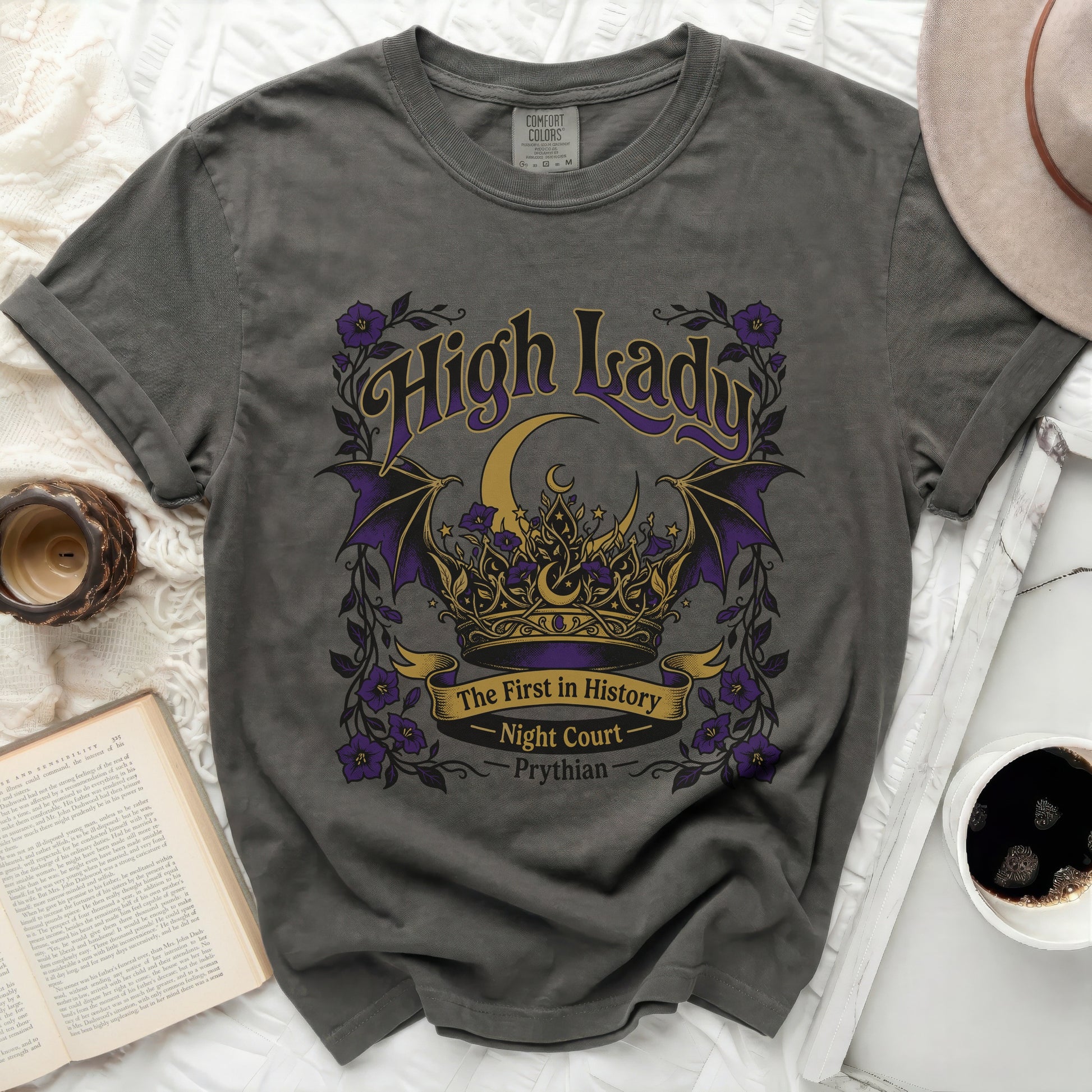 Dark gray t-shirt with "High Lady The First in History" text and crown design.