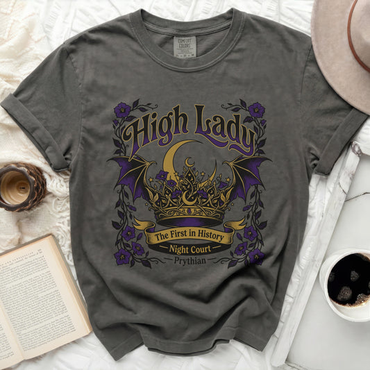 Dark gray t-shirt with "High Lady The First in History" text and crown design.