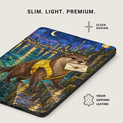 Phone case with an otter holding a letter against a night city backdrop.