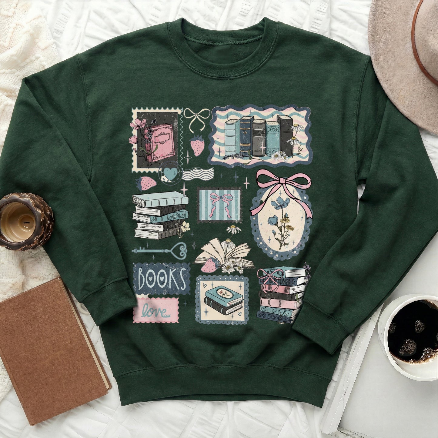Cozy Green Sweatshirt with Vintage Book Graphics
