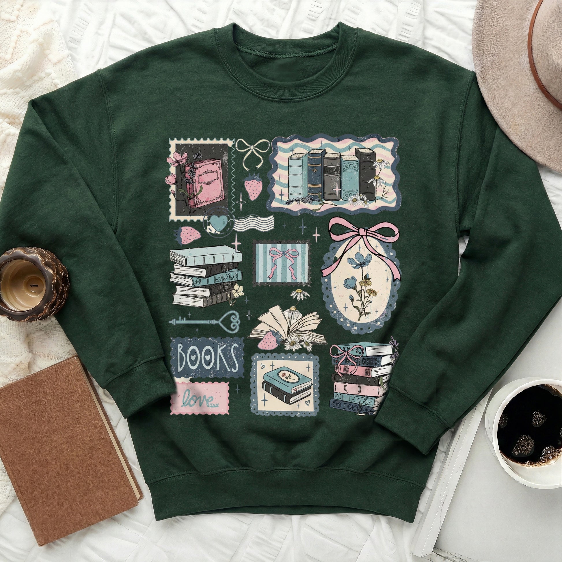 Cozy Green Sweatshirt with Vintage Book Graphics