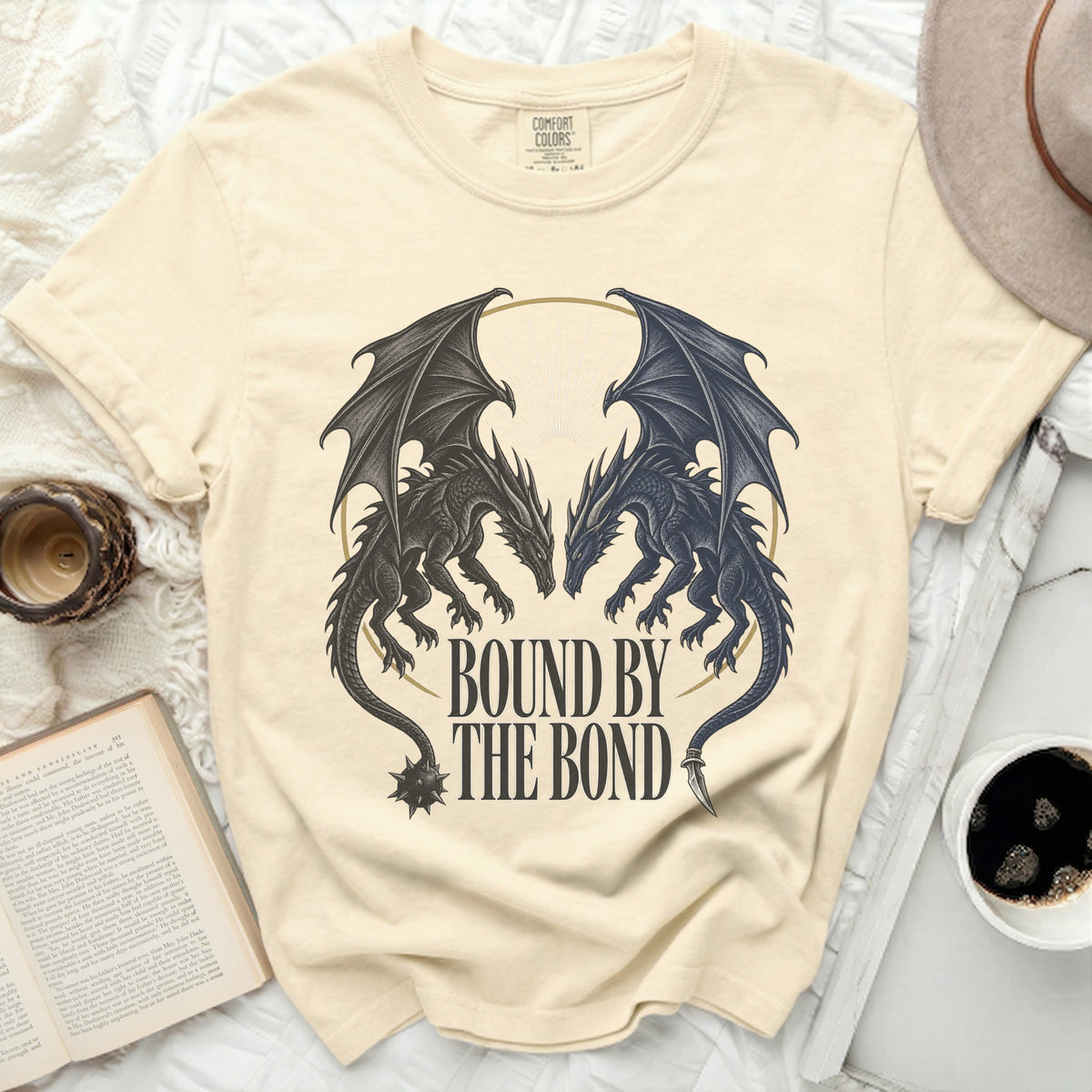 T-shirt with two dragons facing each other and text "BOUND BY THE BOND".