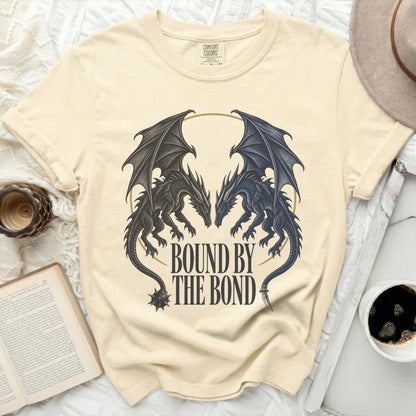T-shirt with two dragons facing each other and text "BOUND BY THE BOND".