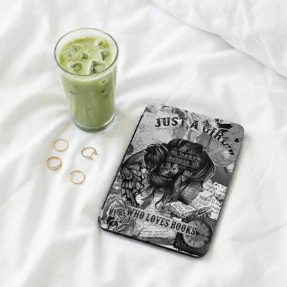 Phone case with "Just a girl who loves books" text, fairy wings, books, and clock.