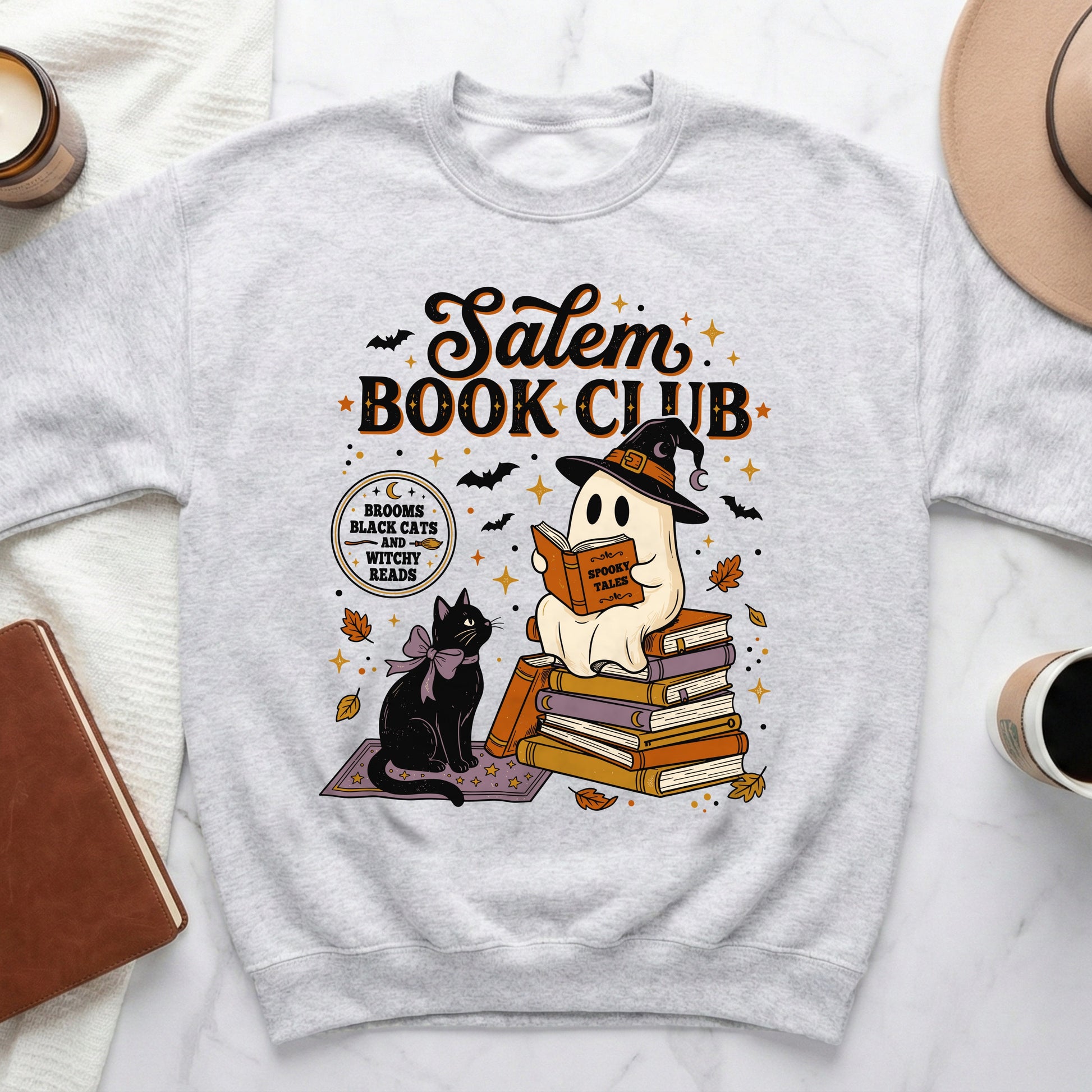 Salem Book Club graphic with ghost, cat, books, and spooky text.