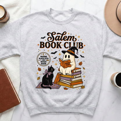 Salem Book Club graphic with ghost, cat, books, and spooky text.
