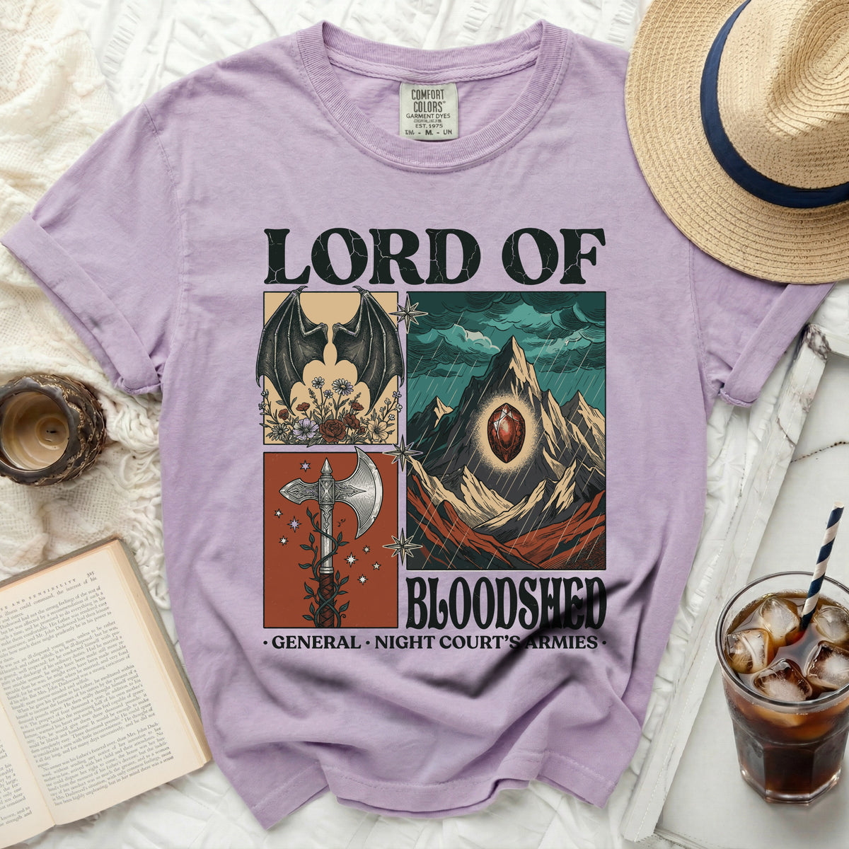 Purple t-shirt with "Lord of Bloodshed" and fantasy art.