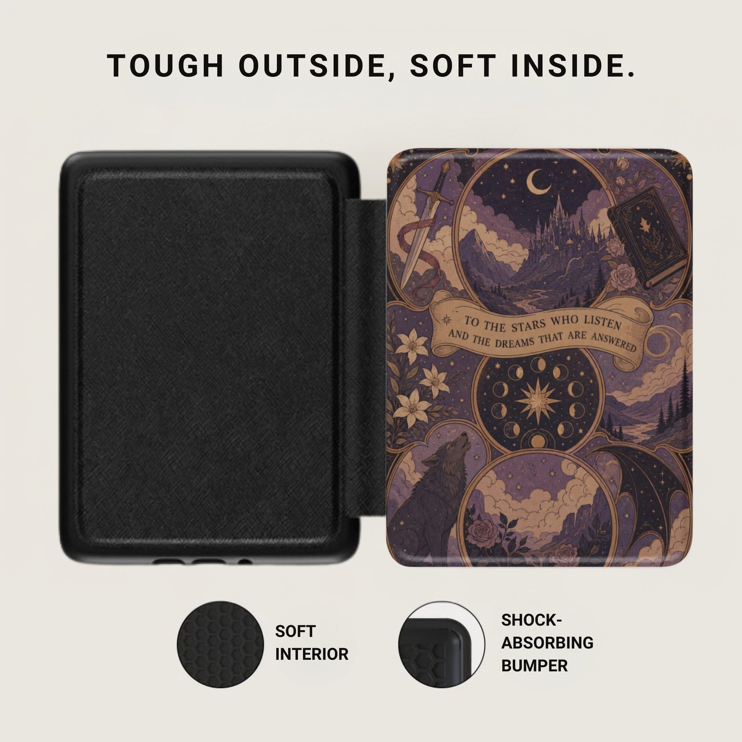 Black case with celestial wolf and castle artwork, featuring text "TO THE STARS WHO LISTEN".