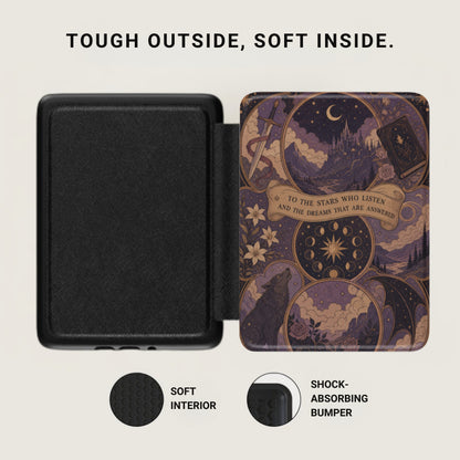 Black case with celestial wolf and castle artwork, featuring text "TO THE STARS WHO LISTEN".