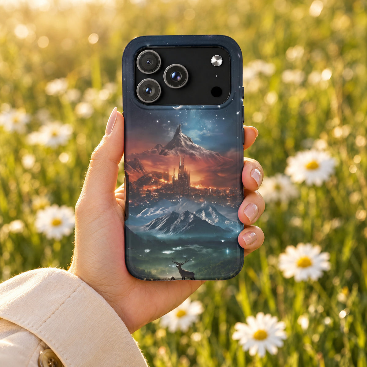 A hand holds a smartphone with a dark case featuring a fantasy landscape of mountains and a castle.
