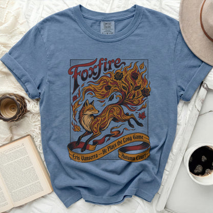 Foxfire t-shirt with a leaping fox, flames, roses, and text.
