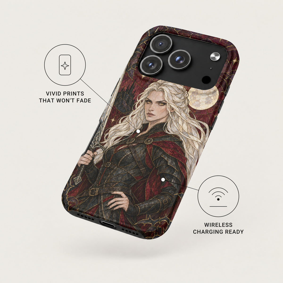 An iPhone case features a fantasy warrior woman with long white hair and armor, accompanied by feature callouts.
