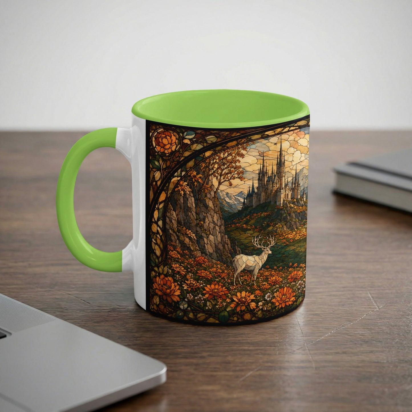 Mug with a stained glass scene of a castle and a deer walking through a flowery field.