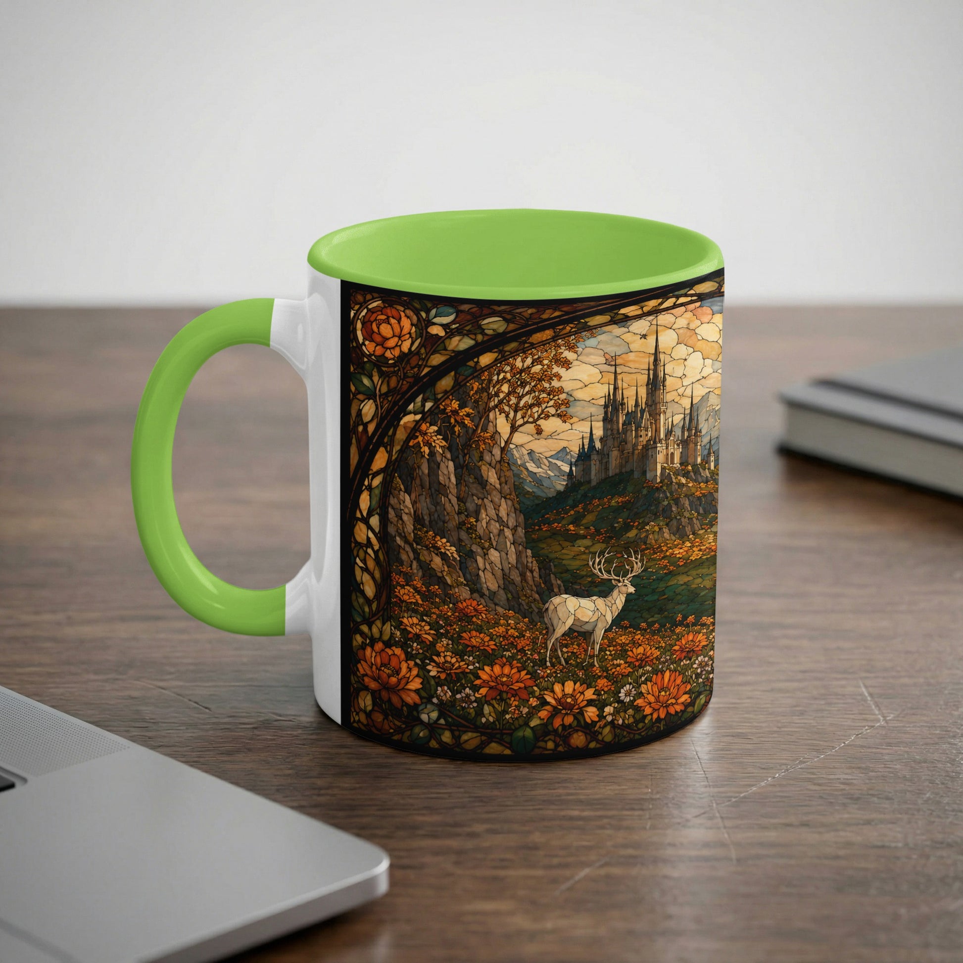 Mug with a stained glass scene of a castle and a deer walking through a flowery field.