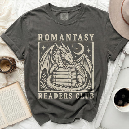 Dark grey t-shirt with "Romantasy Readers Club" and a dragon on books.