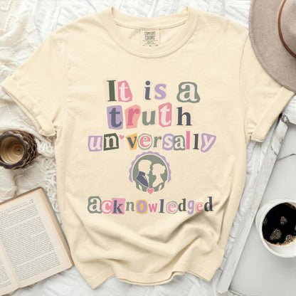 Cream t-shirt with "It is a truth universally acknowledged" text