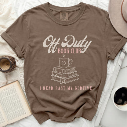 Brown t-shirt with "Off Duty Book Club" and "I Read Past My Bedtime" text.